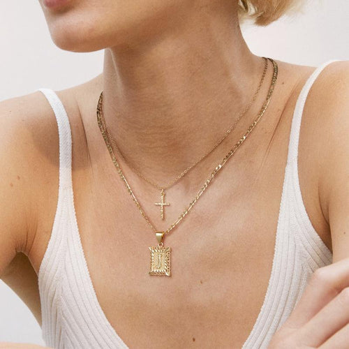 2pc 14k Initial & Cross Necklace Set
