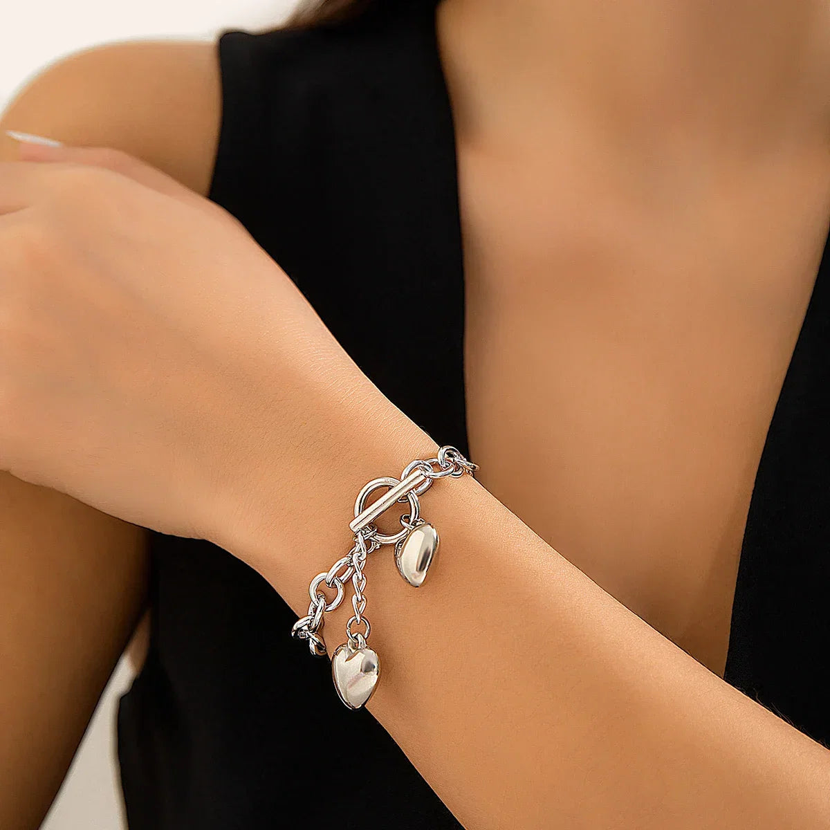 Bold Chunky Chain Link Dual Heart Lariat Necklace & Bracelet