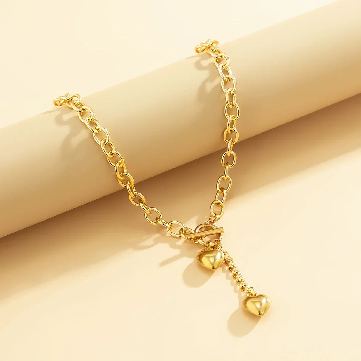 Bold Chunky Chain Link Dual Heart Lariat Necklace & Bracelet