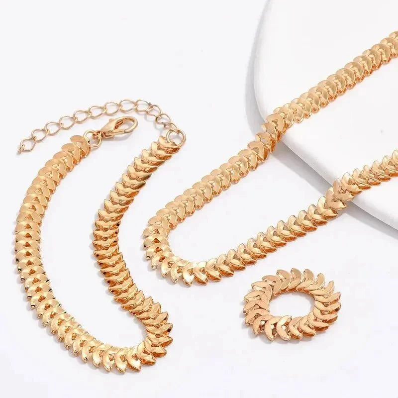 Classy Fishbone Necklace, Bracelet, and Ring Set