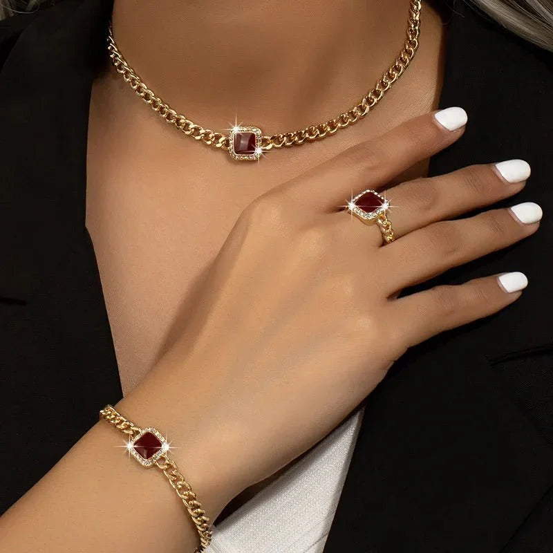 Cuban Square Diamond Necklace, Bracelet, and Ring Set