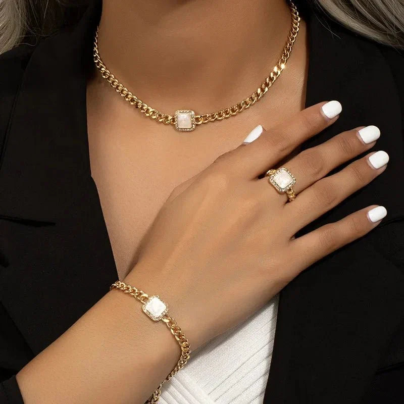 Cuban Square Diamond Necklace, Bracelet, and Ring Set