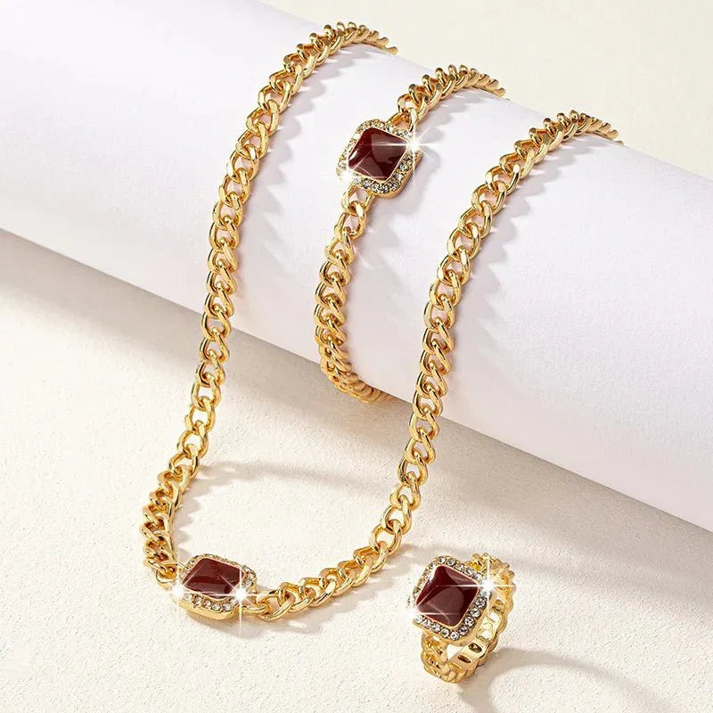 Cuban Square Diamond Necklace, Bracelet, and Ring Set