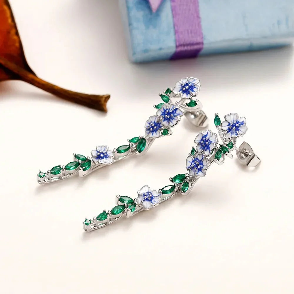 Glossy Blue Floral Dangling Earrings